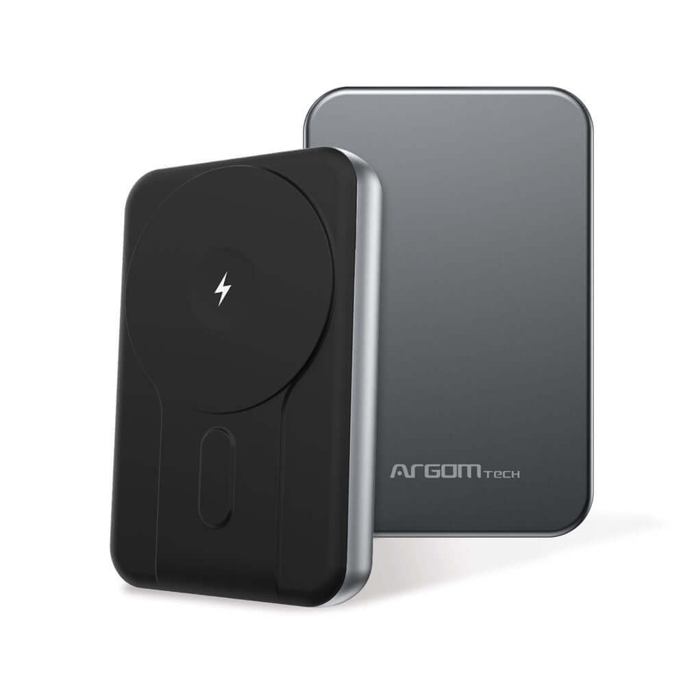 Banco de energía magnético 10000 mAh, diseño elegante y ultradelgado en color negro y plata.