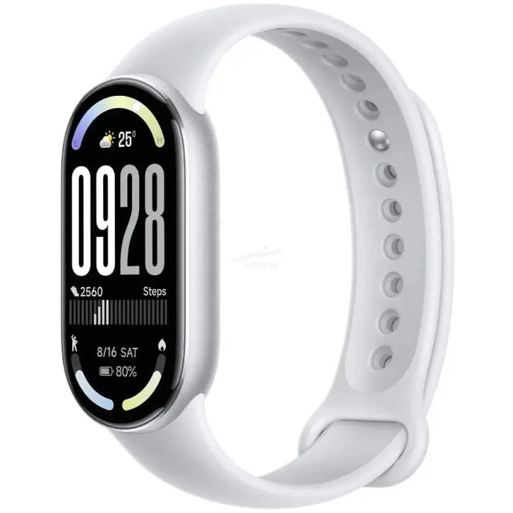 Banda Xiaomi Smart Band 10 en color blanco, con pantalla digital mostrando pasos y fecha.