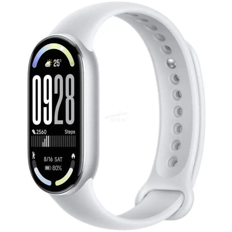 Banda Xiaomi Smart Band 10 en color blanco, con pantalla digital mostrando pasos y fecha.