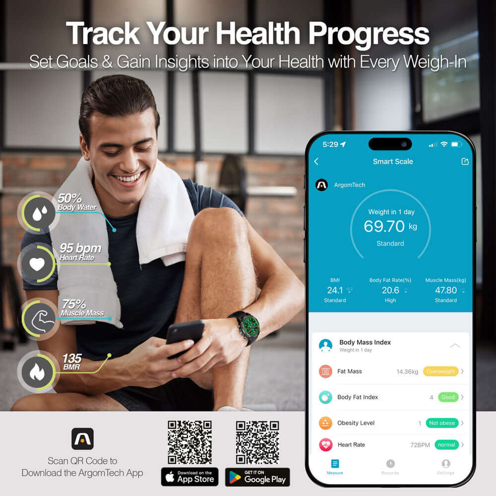 báscula corporal inteligente Accura 10 mostrando información de salud y estadísticas de peso en una app móvil.