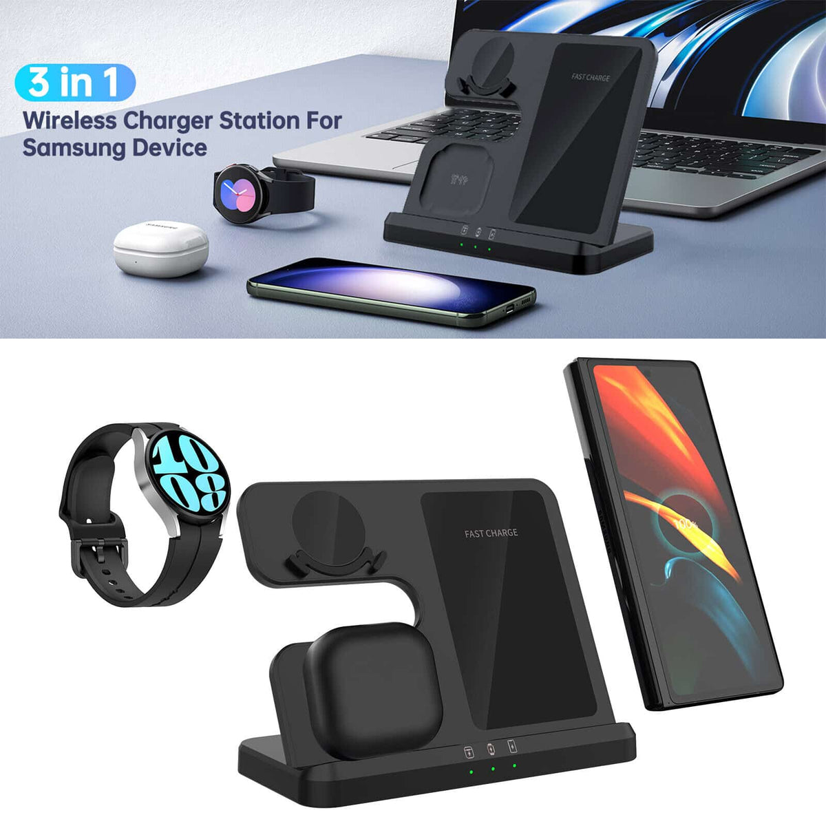 Base de carga inalámbrica 3 en 1 para Samsung Galaxy Watch, ZFlip serie S- envio gratis Bases De Carga Costa Rica