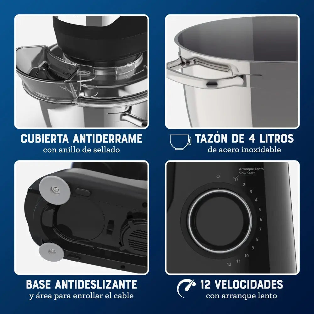 Batidora Batidora Planetaria, 12 velocidades, Tazón de Acero Inoxidable, Capacidad de 4 lt, Incluye 4 Accesorios, 850 W, Negro, FPSTSMPL2B Costa Rica