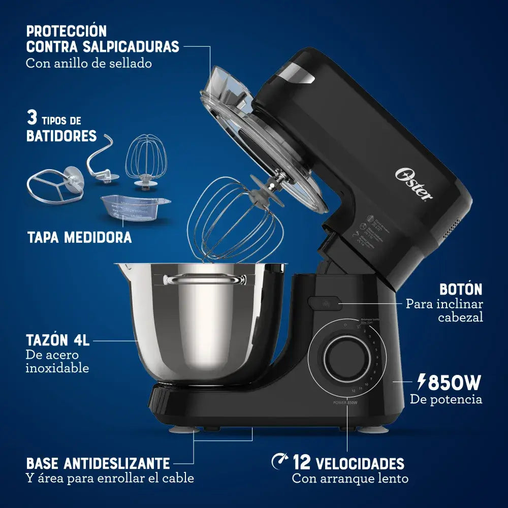 Batidora Batidora Planetaria, 12 velocidades, Tazón de Acero Inoxidable, Capacidad de 4 lt, Incluye 4 Accesorios, 850 W, Negro, FPSTSMPL2B Costa Rica