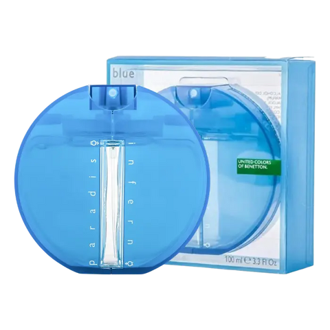 BENETON INFERNO PARAISO perfume 100ml blue bottle and packaging, United Colors of Benetton fragrance by EDC, EDT, EDP, EDF line