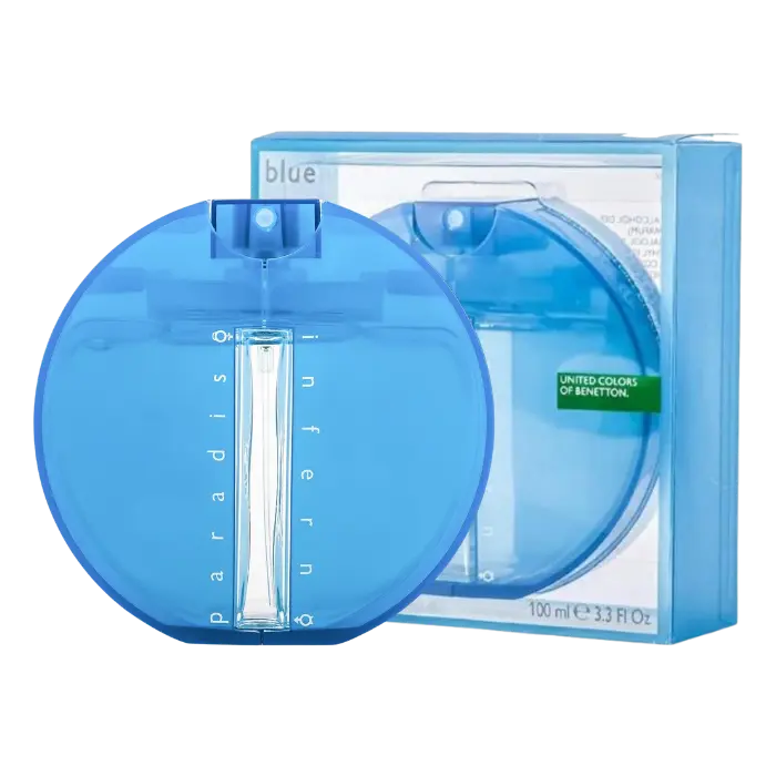 BENETON INFERNO PARAISO perfume 100ml blue bottle and packaging, United Colors of Benetton fragrance by EDC, EDT, EDP, EDF line