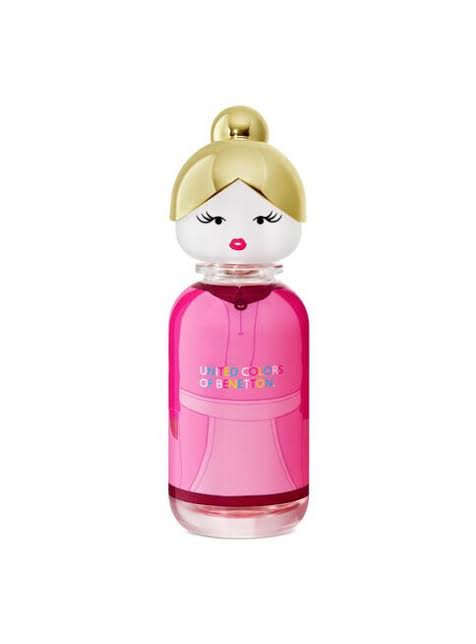 Bottle of BENETTON SISTERLAND PINK RASPBERRY EDT 100ML perfume with pink design and figurehead cap