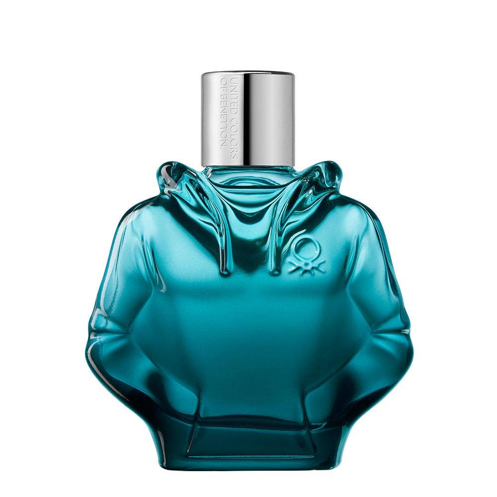 BENNETON WE ARE TRIBE COOL EDT 90ML perfume bottle shaped like a hoodie with a silver cap.