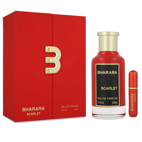 BHARARA SCARLET 100ML Eau de Parfum bottle and packaging in red and gold design