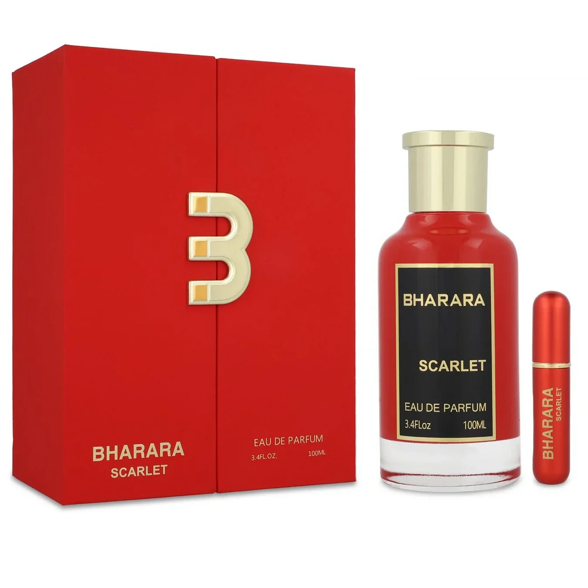 BHARARA SCARLET 100ML Eau de Parfum bottle and packaging in red and gold design