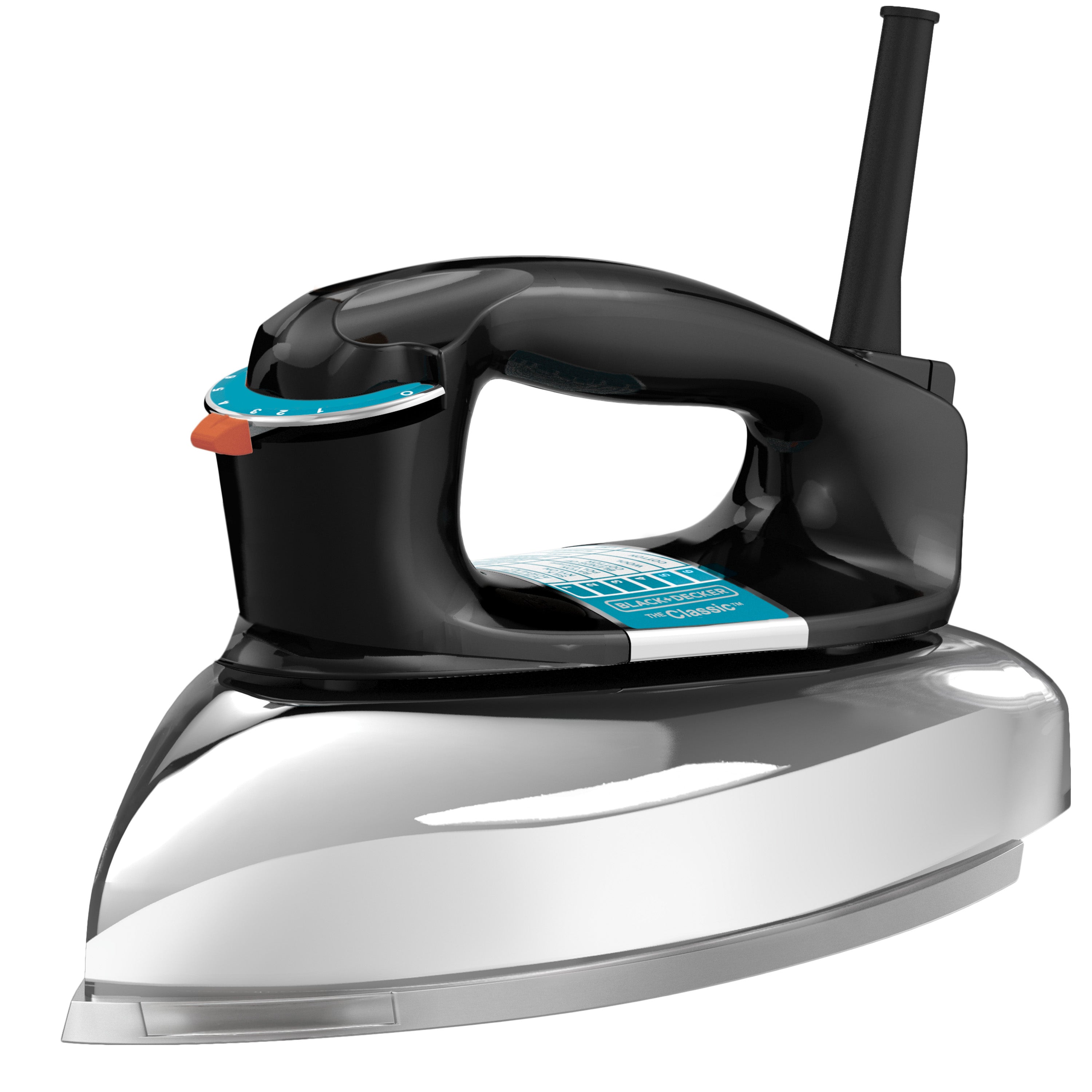 Black + Decker plancha seca suela aluminio negra clasica F54 sobre fondo blanco