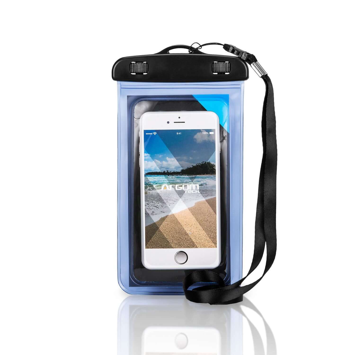 Bolsa impermeable para teléfono móvil con cierre a presión y correa para llevar alrededor del cuello.
