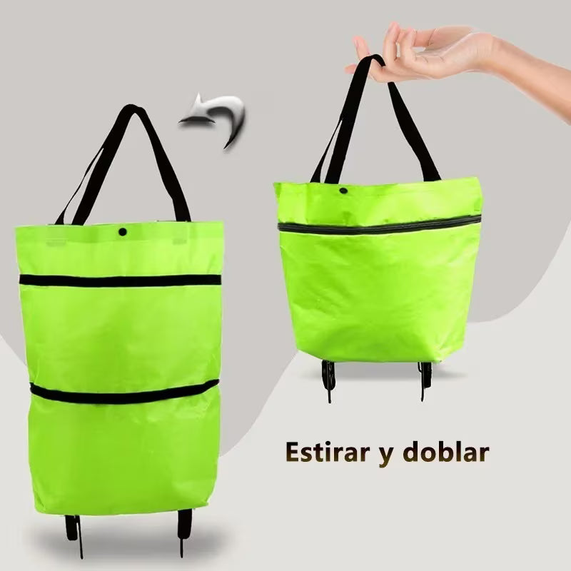 Bolso con ruedas plegable para compras de color verde, ideal para llevar compras grandes con ruedas integradas.