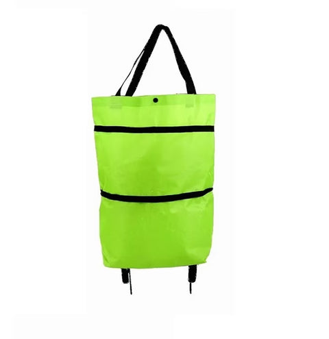 Bolso con ruedas plegable para compras en color verde, diseño práctico y funcional.