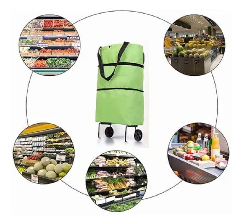 Bolso con ruedas plegable para compras color verde, ideal para facilitar las compras diarias en el supermercado.