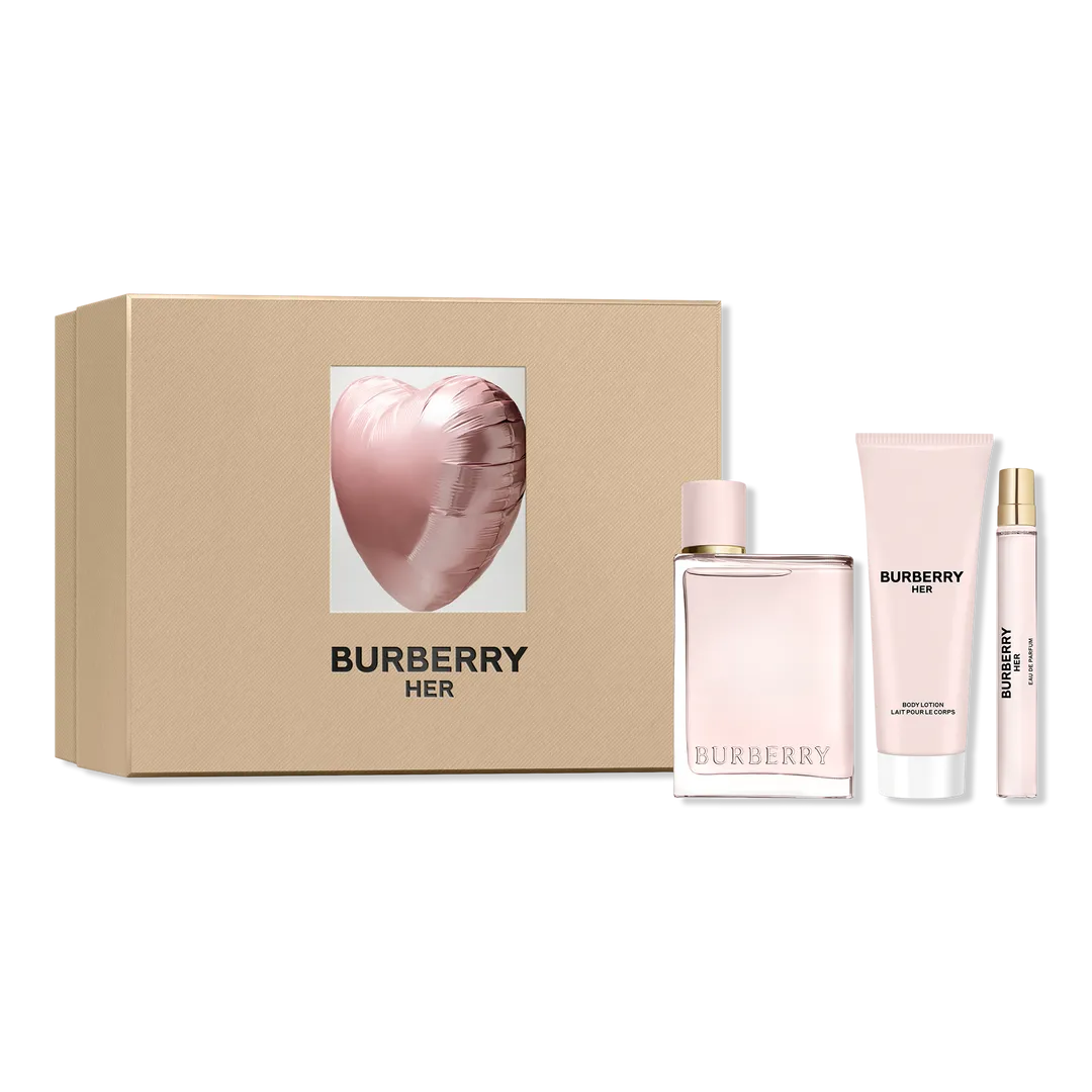 BURBERRY HER ESTUCHE 3PZ gift set including perfume, lotion, and spray with packaging.