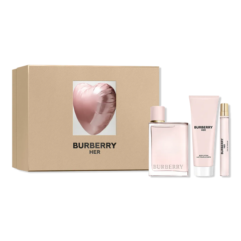 BURBERRY HER ESTUCHE 3PZ gift set including perfume, lotion, and spray with packaging.