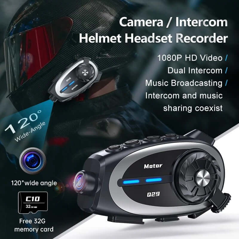 Cámara 1080P con intercomunicador, grabadora de casco, intercomunicación dual y video HD.