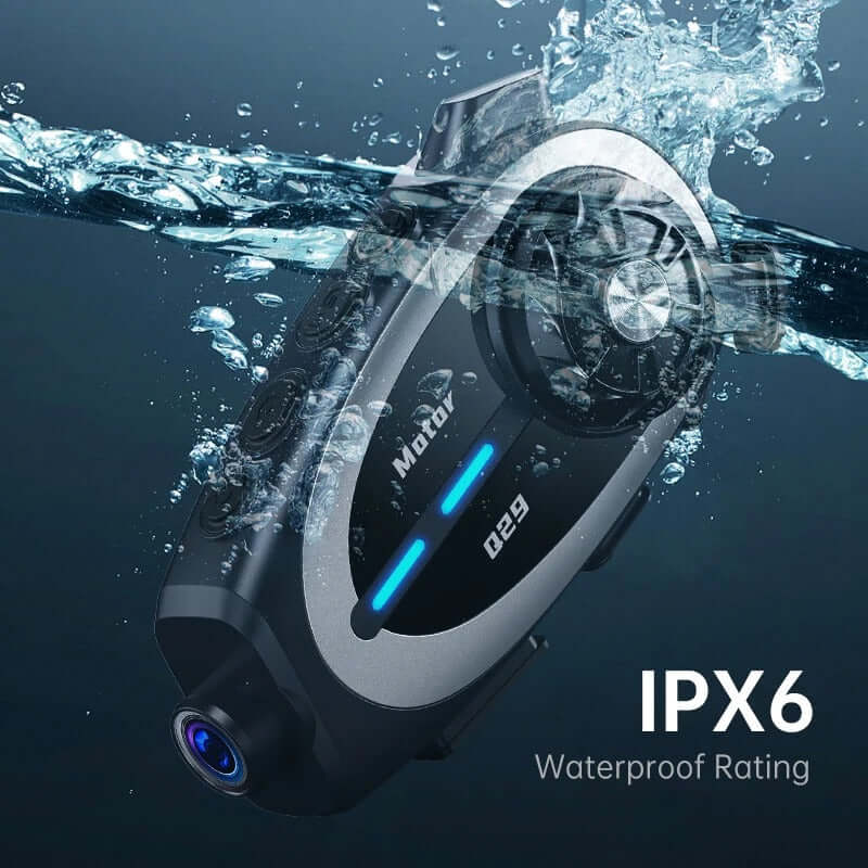 Cámara 1080P con intercomunicador Q29, impermeable IPX6, ideal para casco y grabaciones en exteriores.