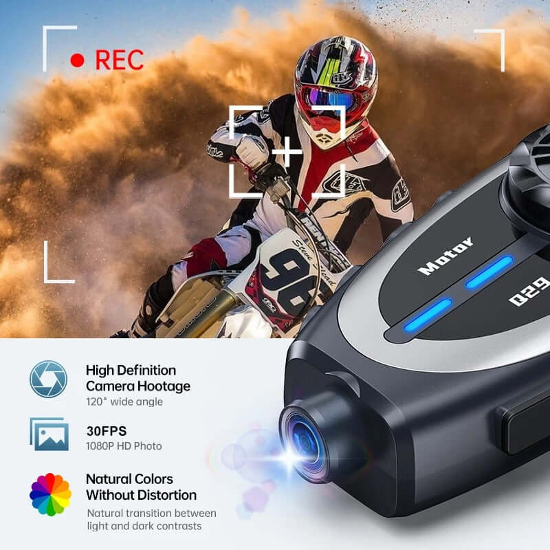 Cámara 1080P con intercomunicador, grabación en 30FPS y ángulo de 120°, ideal para actividades deportivas.