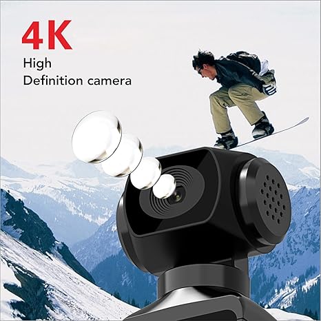 Cámara de acción, 4K HD 16MP 270 ° giratoria pequeña, cámara deportiva sobre un snowboarder en la montaña.