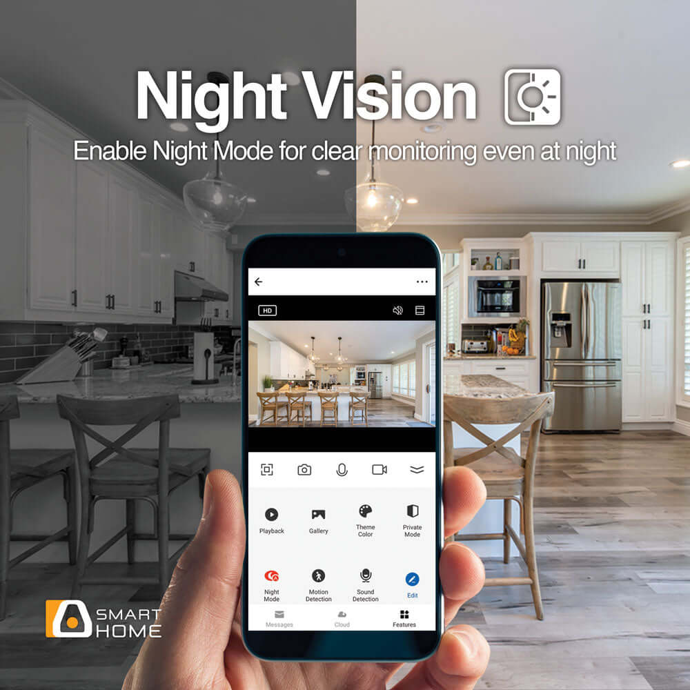Cámara inteligente 1080p WiFi en modo nocturno para monitoreo claro y seguro en el hogar.
