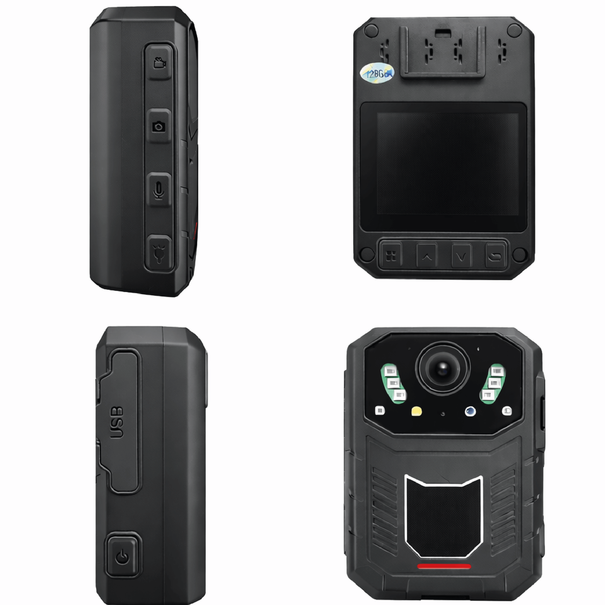 Cámara policial corporal 4K con botones y pantalla, diseño resistente y funcionalidad avanzada.