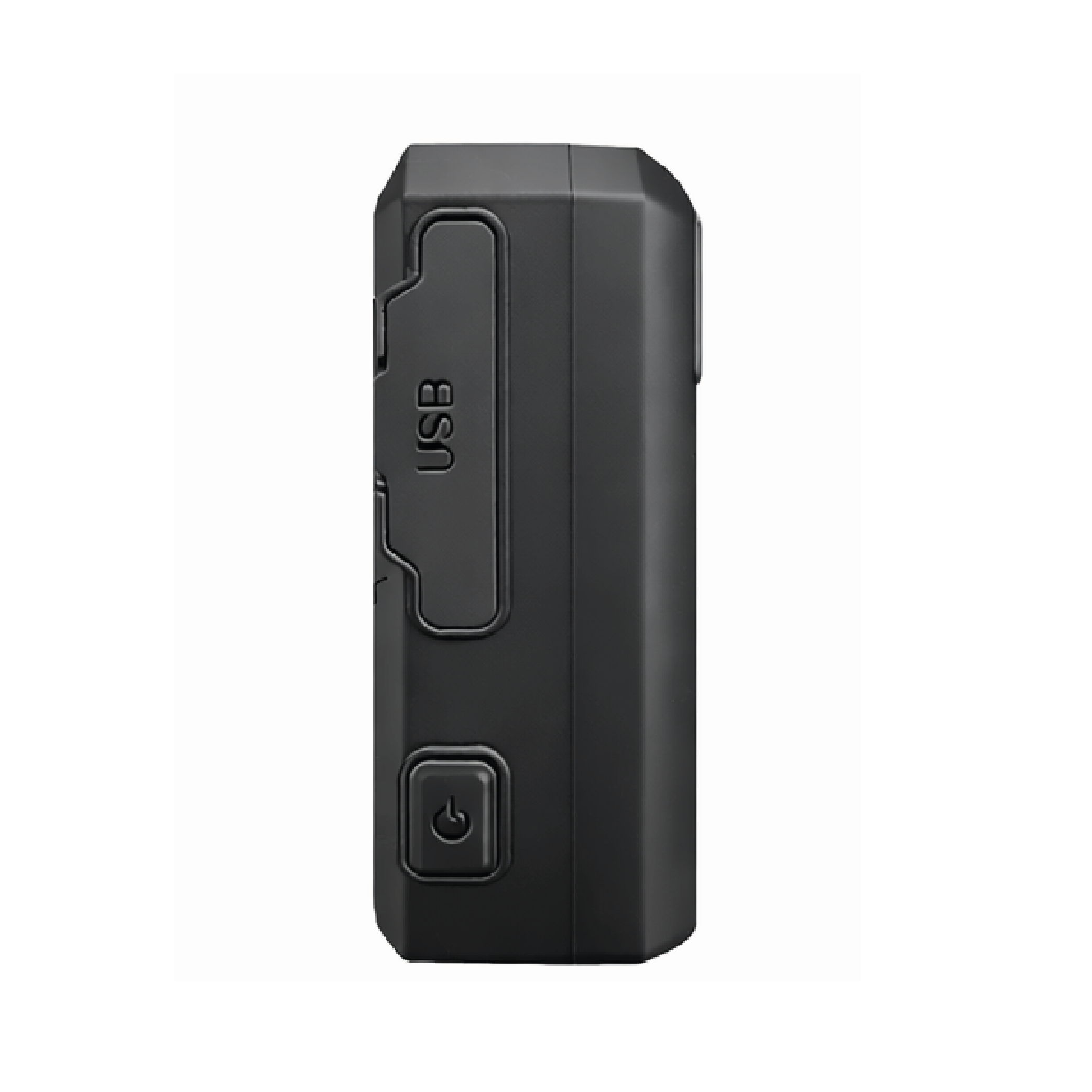 Cámara policial corporal 4K, vista lateral del dispositivo con puerto USB y botón de encendido.