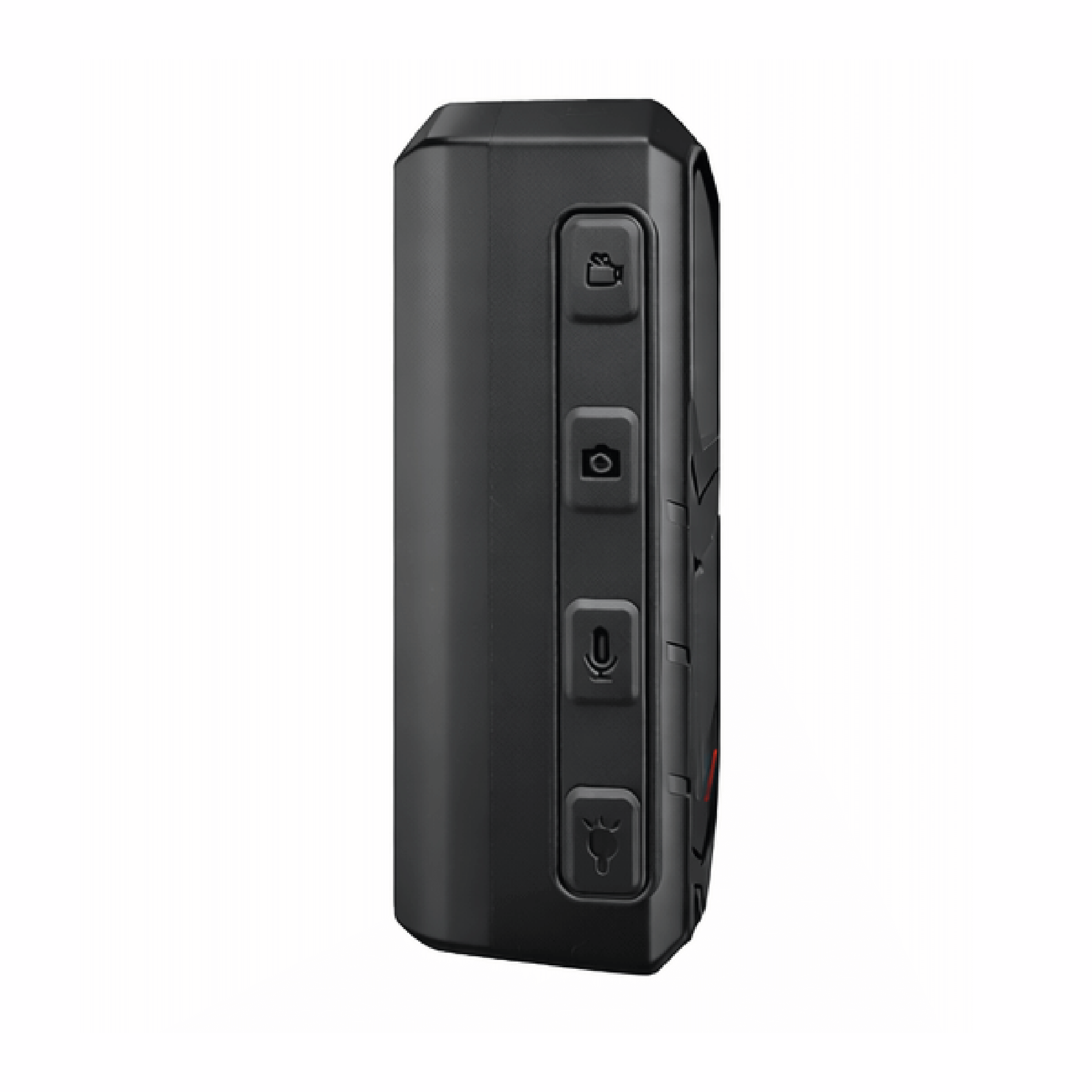 Cámara policial corporal 4K, dispositivo de grabación resistente con botones de control en lateral.