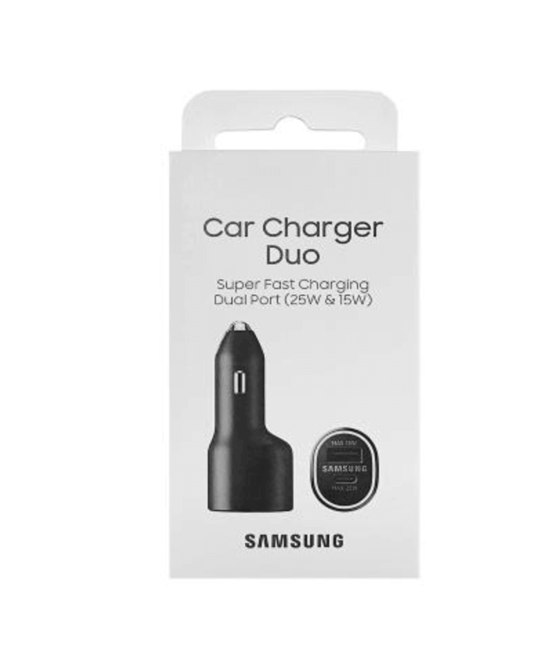 Cargador de carro dual puerto tipo A y C Samsung, carga rápida, diseño compacto.