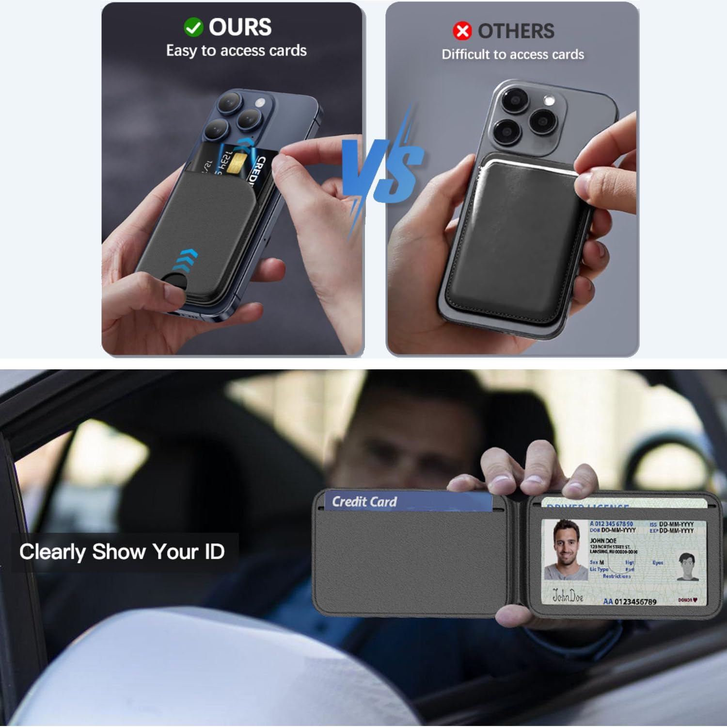 Cartera magnética con tarjetero- Wallet billetera para Magsafe de Apple iPhone 16/15/14/13/12 Series con soporte ajustable para teléfono Costa Rica