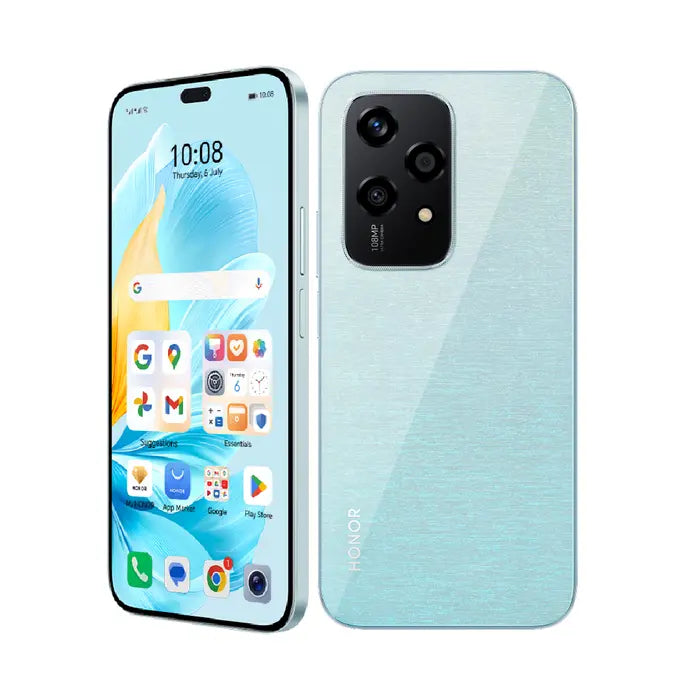 Alt Tag: CELULAR HONOR 200 LITE / 256GB 8GB 5G, vista frontal y trasera en color celeste con triple cámara 108MP y pantalla AMOLED Eye-Care