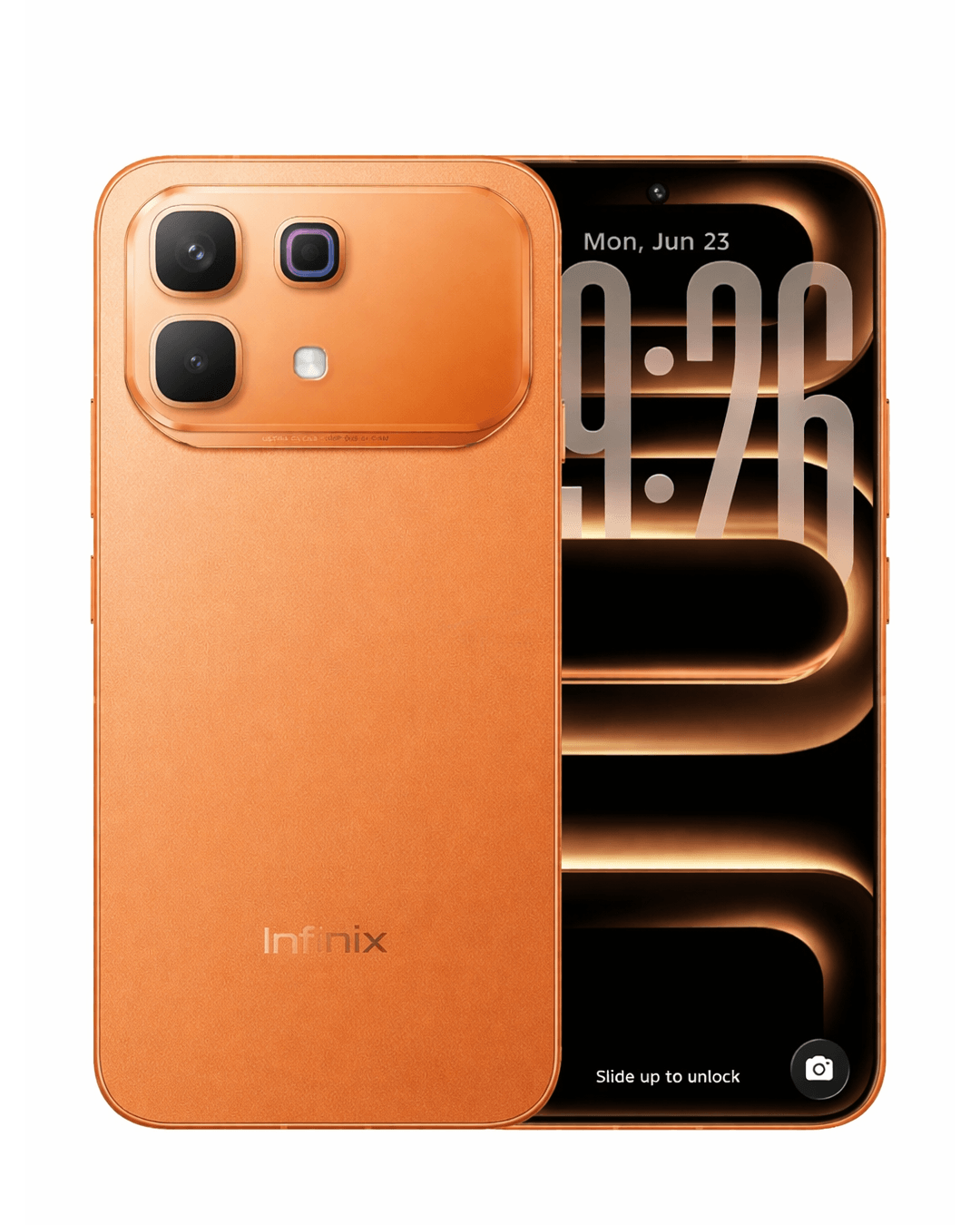 Celular Infinix Note 60 Pro 256GB, diseño elegante y moderno, pantalla y parte trasera de color naranja.