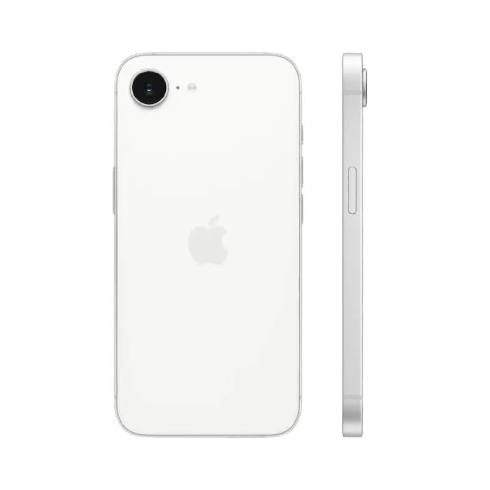 CELULAR IPHONE 16e / 128GB SIM + ESIM white back and side view showing camera and slim profile