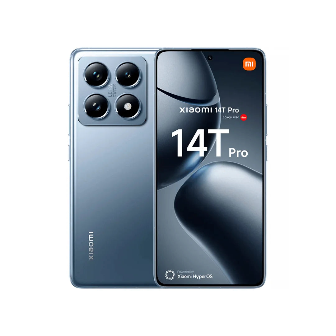 CELULAR XIAOMI 14T PRO / 512GB 12GB 5G - vista frontal y trasera color azul del smartphone con triple cámara y pantalla encendida