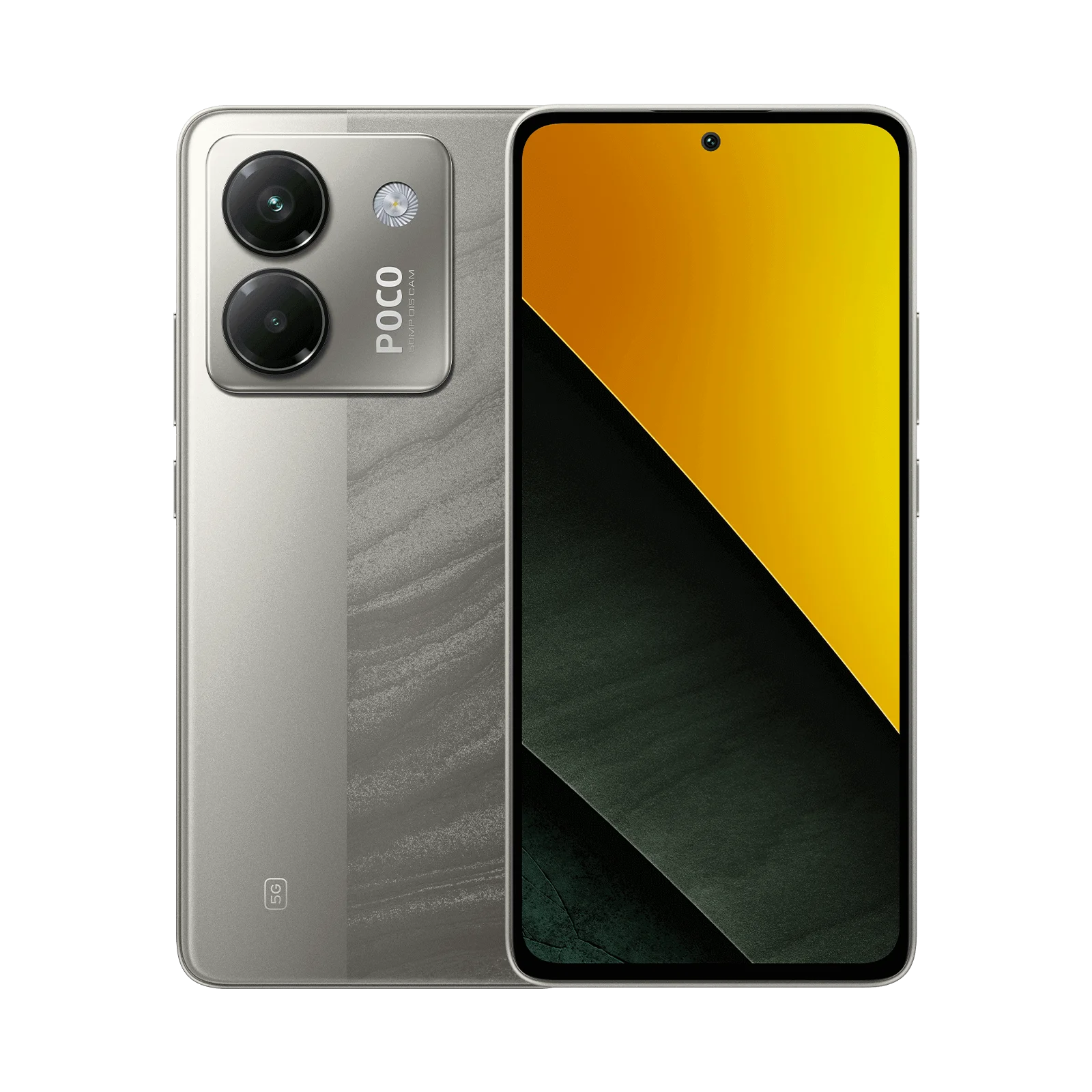 CELULAR  XIAOMI POCO  M7 PRO / 256GB  8GB  5G en color gris, vista frontal y trasera con doble cámara y pantalla perforada