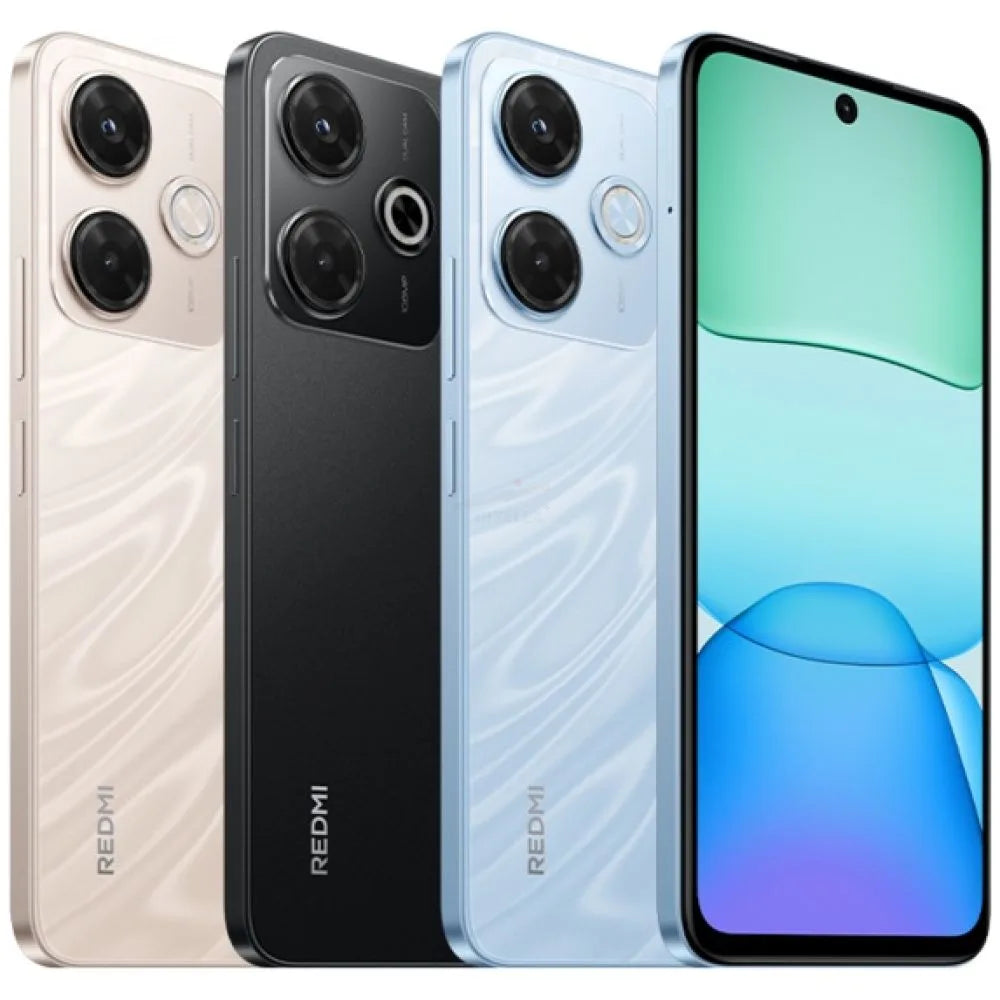 CELULAR XIAOMI REDMI 13X / 256GB 8GB in beige black and blue colors showing front display and triple camera layout