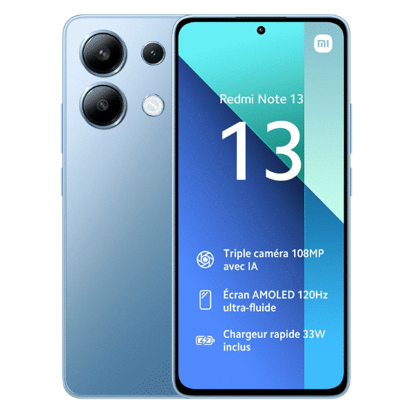 Alt Tag: Celular  Xiaomi Redmi  Note 13  / 128Gb  8Gb front and back view showing AMOLED display and triple 108MP camera