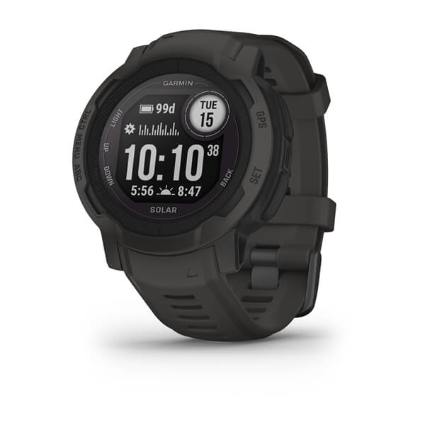 Reloj inteligente GARMIN Instinct® 2 Solar Graphite con diseño robusto y funciones GPS avanzadas para actividades al aire libre.
