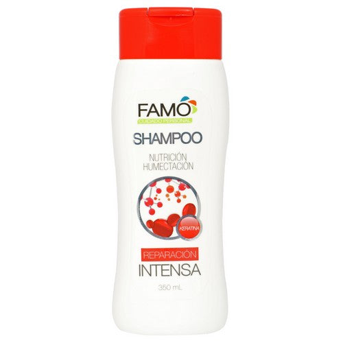 Botella de Champu Reparacion Intensa Famo 350 ml color blanco y tapa roja, etiqueta con texto Reparación Intensa