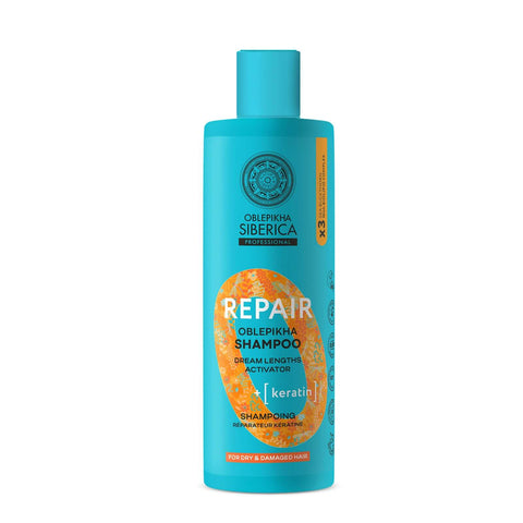 Champú reparador de queratina Natura Siberica 400 ml, ideal para limpiar y dar volumen al cabello.