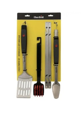 Charbroil Deluxe 7 Piezas BBQ Toolkit  (Espatula, Pinza, Cepillo Nylon y 4 Pinchos Rojo)