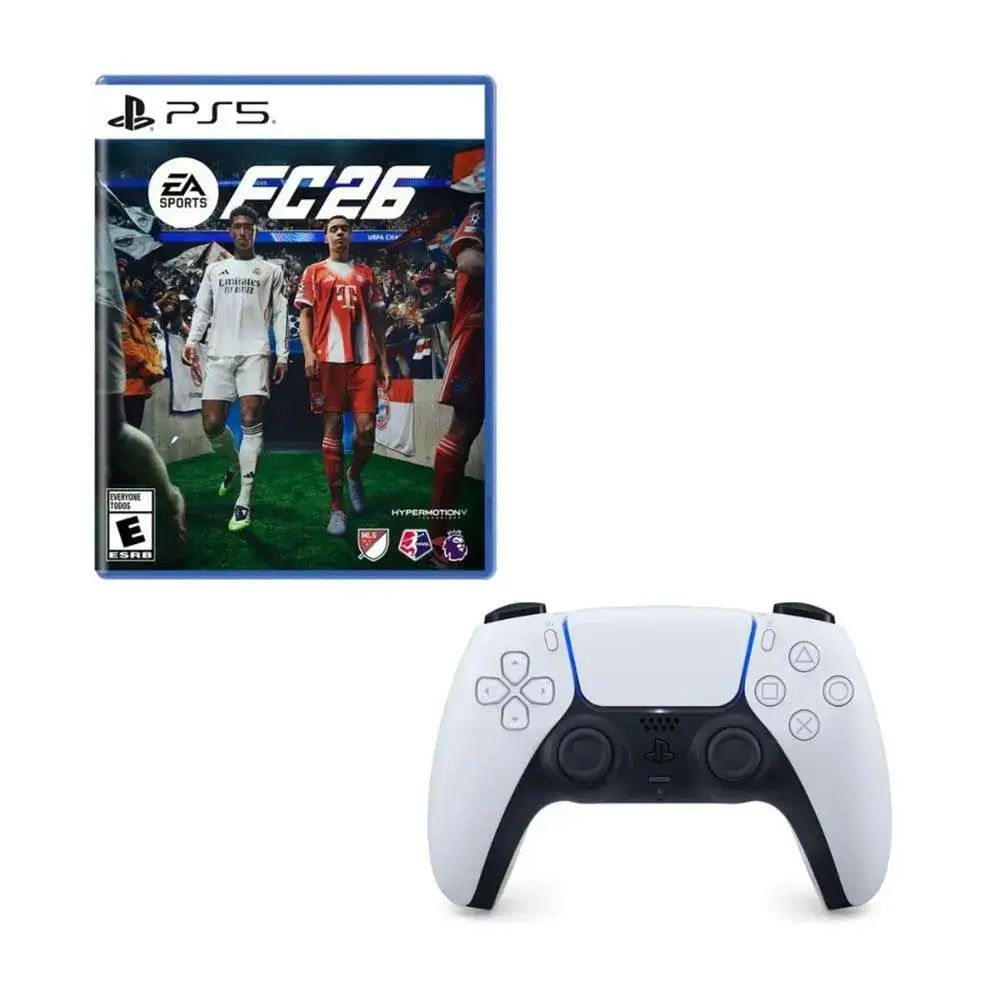 COMBO CONTROL SONY DUALSENSE PS5 + JUEGO FISICO EA FC 26 with game box and controller display.