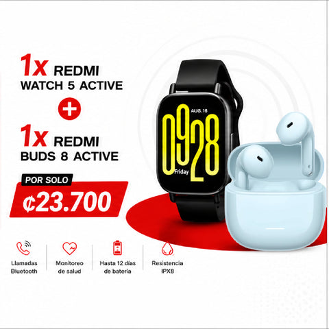 Combo reloj Redmi watch active 5+ redmi Buds 8 active offer with price and features displayed.