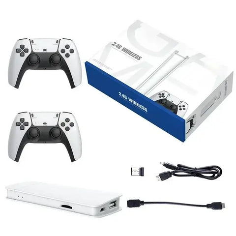 Consola de juego retro inalámbrica 4K con controladores duales y accesorios incluidos.