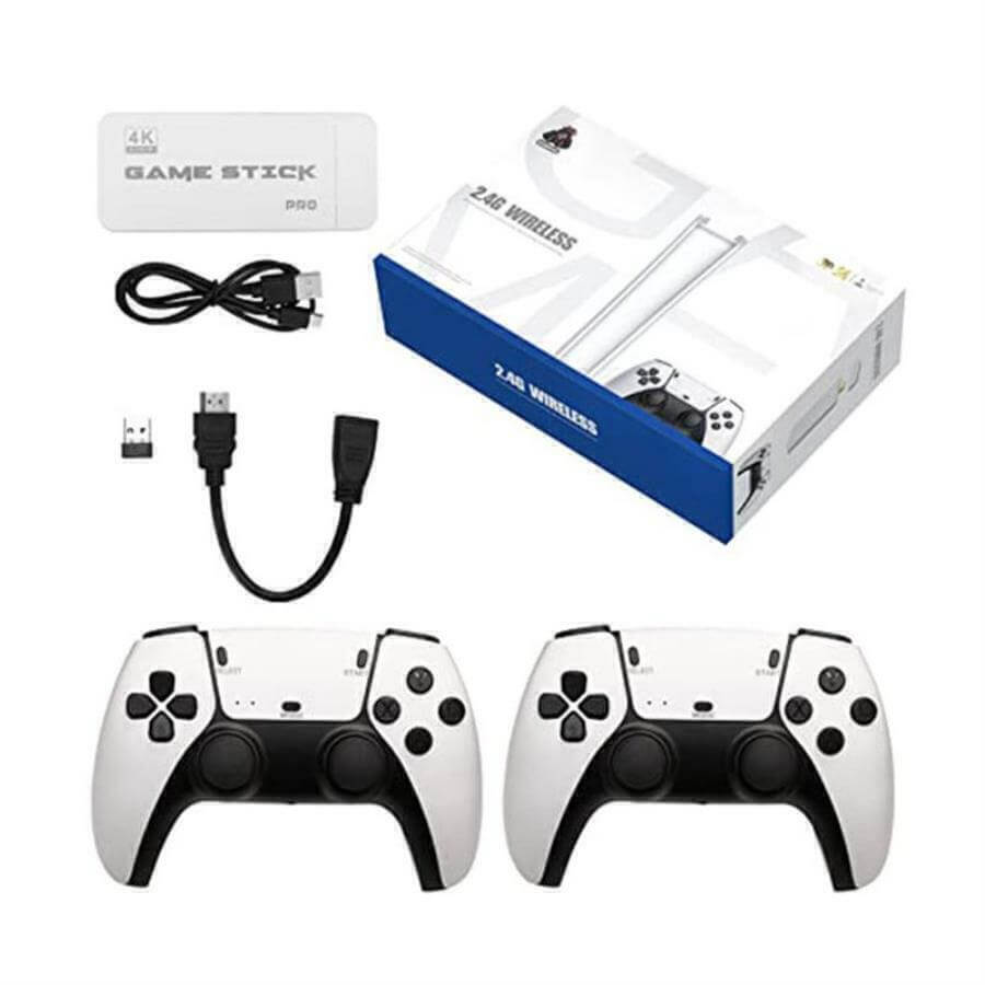 Nueva Consola de Juego Retro Inalámbrica, +20.000 Juegos y 23 Emuladores,Plug and play 4K HD HDMI TV Game Stick, con Controladores Inalámbricos Duales 2.4G - pack blanco con 2 mandos y accesorios
