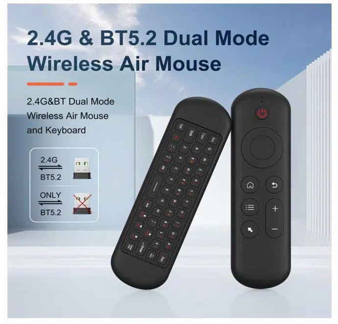 Control remoto inalámbrico Mini teclado 2.4G y BT5.2 para pantallas de TV mostrando mando con teclado trasero y botones frontales