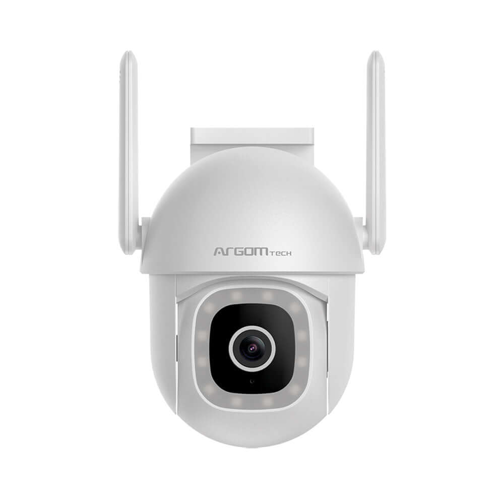 Cámara PTZ inteligente para exteriores con diseño moderno y tecnología avanzada, ideal para vigilancia en el hogar.