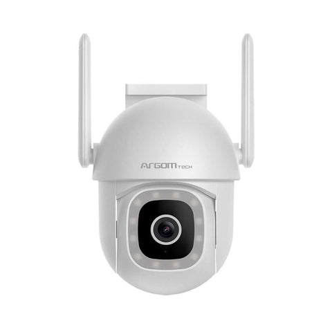 Cámara PTZ inteligente para exteriores con diseño moderno y tecnología avanzada, ideal para vigilancia en el hogar.