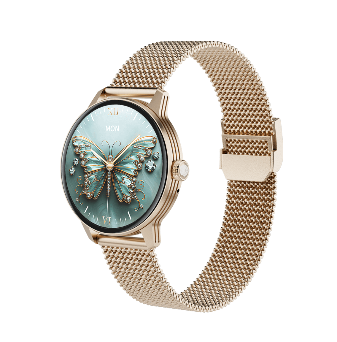 Correas reloj inteligente 18mm con diseño de mariposa y malla dorada, reloj no incluido.