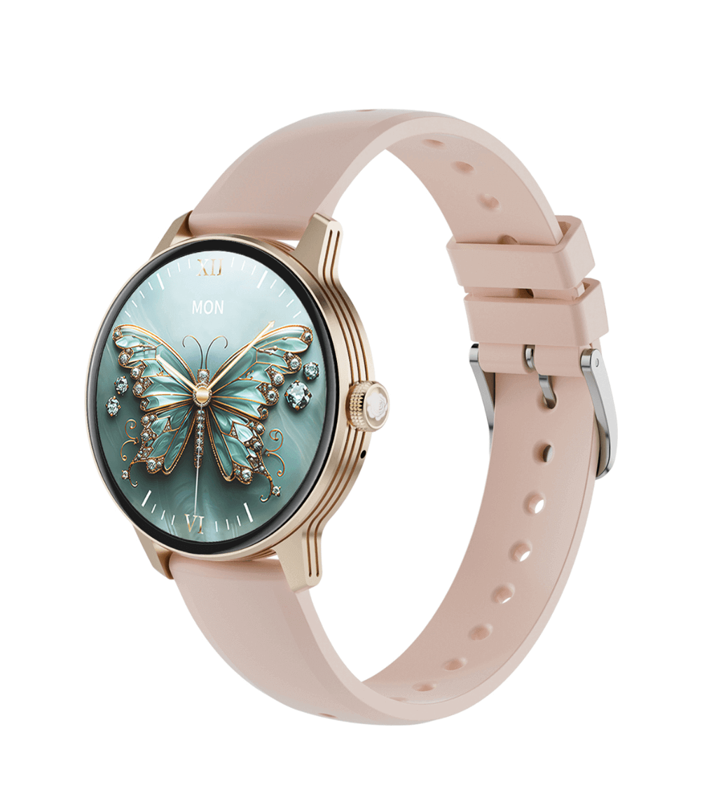 Correas reloj inteligente 18mm en color rosa con diseño de mariposa y detalles brillantes.